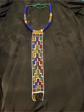 Beaded Ndebele Long Pendant Necklace - Blue Accent